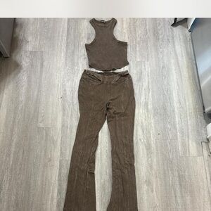 Fashion Nova Brown Ribbed Tank Top & Flare Pants Set